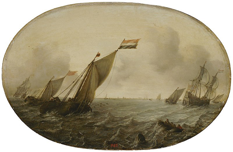 seascape with sailing ships on stormy sea